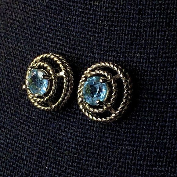 Blue Topaz Sterling Silver Halo Post Back Earrings - Picture 3 of 13